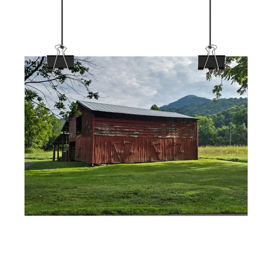 Rustic Red Barn Poster - Scenic Mountain Farmhouse Wall Art